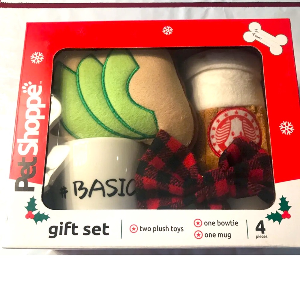 SUSHI dog TOYS NEW 4 Piece Christmas Gift Set 2 PLUSH TOYS, 1 BOWTIE, 1 MUG  NEW